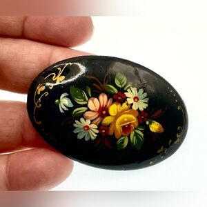 Vintage 1996 Russian Signed Black Lacquer Hand Painted Floral Brooch Folk Art